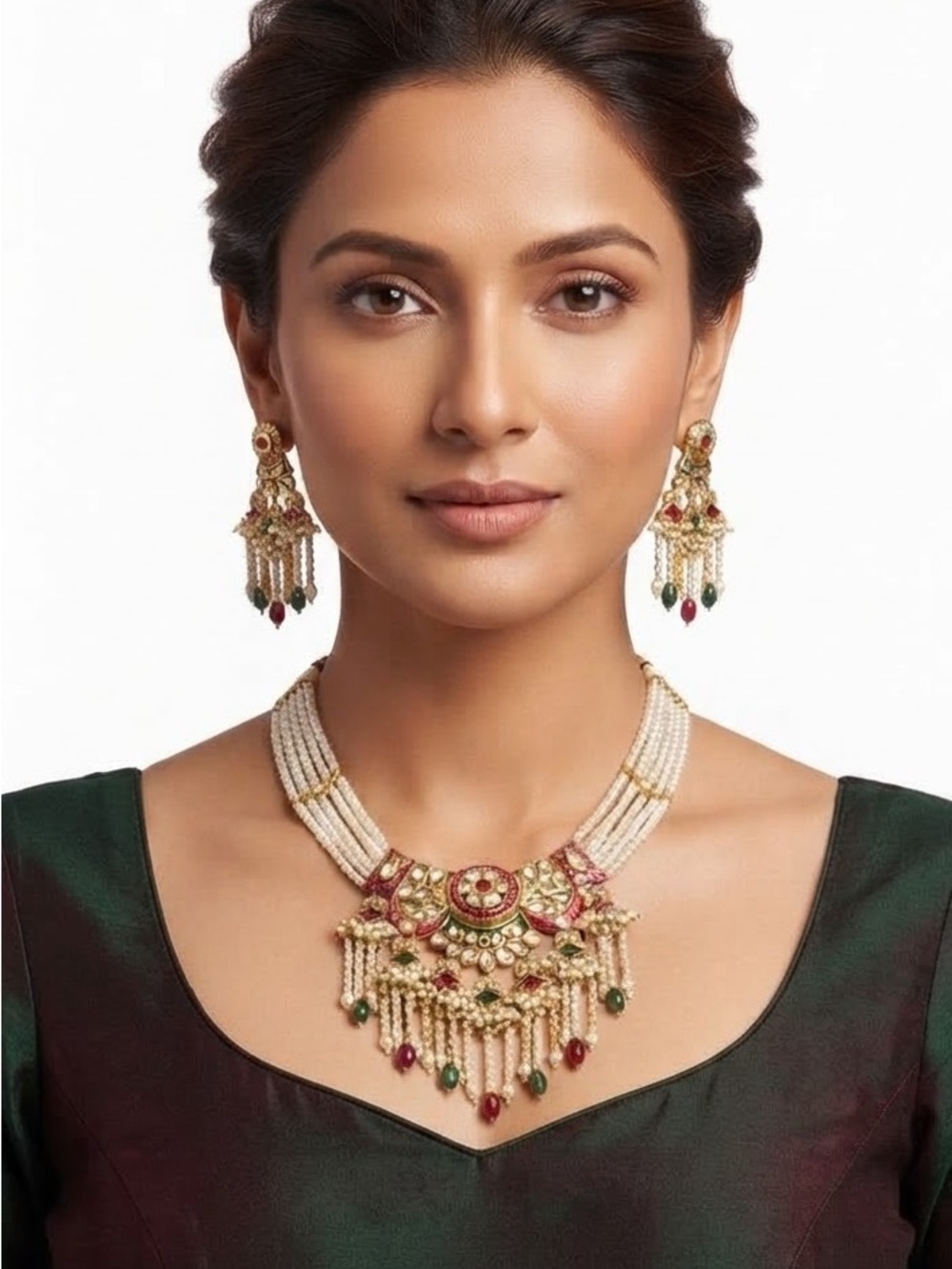 Traditional Gold-Tone Pearl Necklace Set with Red and Green Accents Rajwadi set